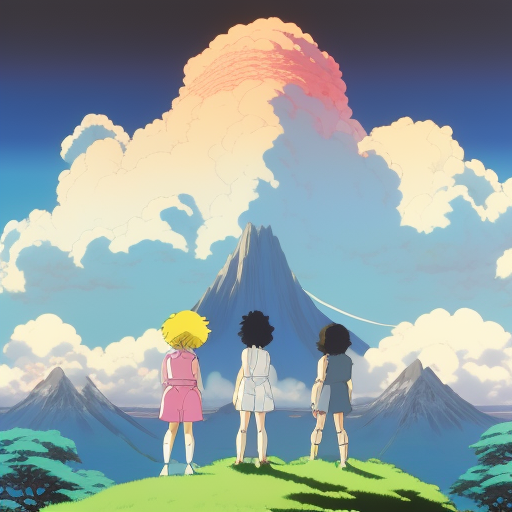 A group of young adventurers standing at the edge of their quaint village, gazing out at the looming silhouette of a distant mountain, their first destination