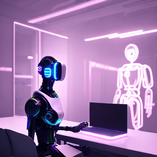 cyberpunk inspired image featuring a humanoid robot speaks to a human job candidate, sitting on the table high-tech office environment,  glowing neon lights, holographic displays, and a sleek  with a futuristic, 