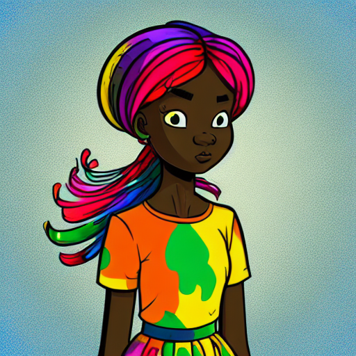 cartoon, illustration, art, creativity Beautiful African girl with vibrant, flowing hair, wearing a colorful, patterned dress, surrounded by whimsical, cartoon-like flowers and butterflies, in a lively, imaginative art style