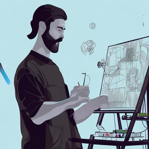 Illustration of [a painter in their studio]. Vector, white background, flat style, style of behance, super minimalism, by slack and dropbox, minimum details --s 750 --q 2