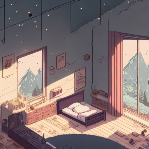 lo-fi, concept art, landscapes, game art Lofi girl, relaxing in a cozy, retro room, surrounded by vintage vinyl records and a dusty old record player, with sunlight streaming through the window, casting a warm, nostalgic glow on the room's colorful, 80s-inspired wallpaper