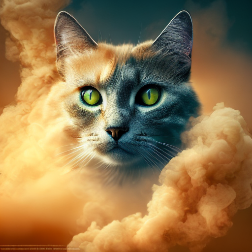 tree with swirling smoke, cat head with piercing eyes, vibrant colors, surrealistic style